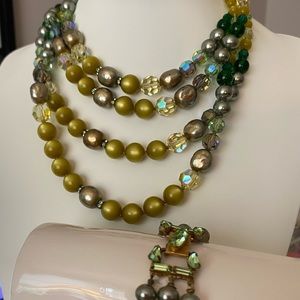 Bracelet & Necklace Set. Vintage Multi Strand Green Acrylic AB & Moonglow Beads.